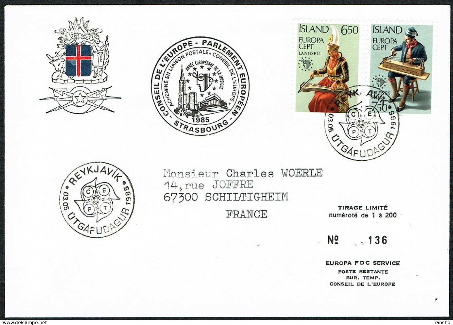 EUROPA FDC SERVICE . TIRAGE LIMITE Nr:136. DU CONSEIL DE L'EUROPE STRASBOURG .REYKJAVIK .3.5.1985.  .ISLAND. - Briefe U. Dokumente