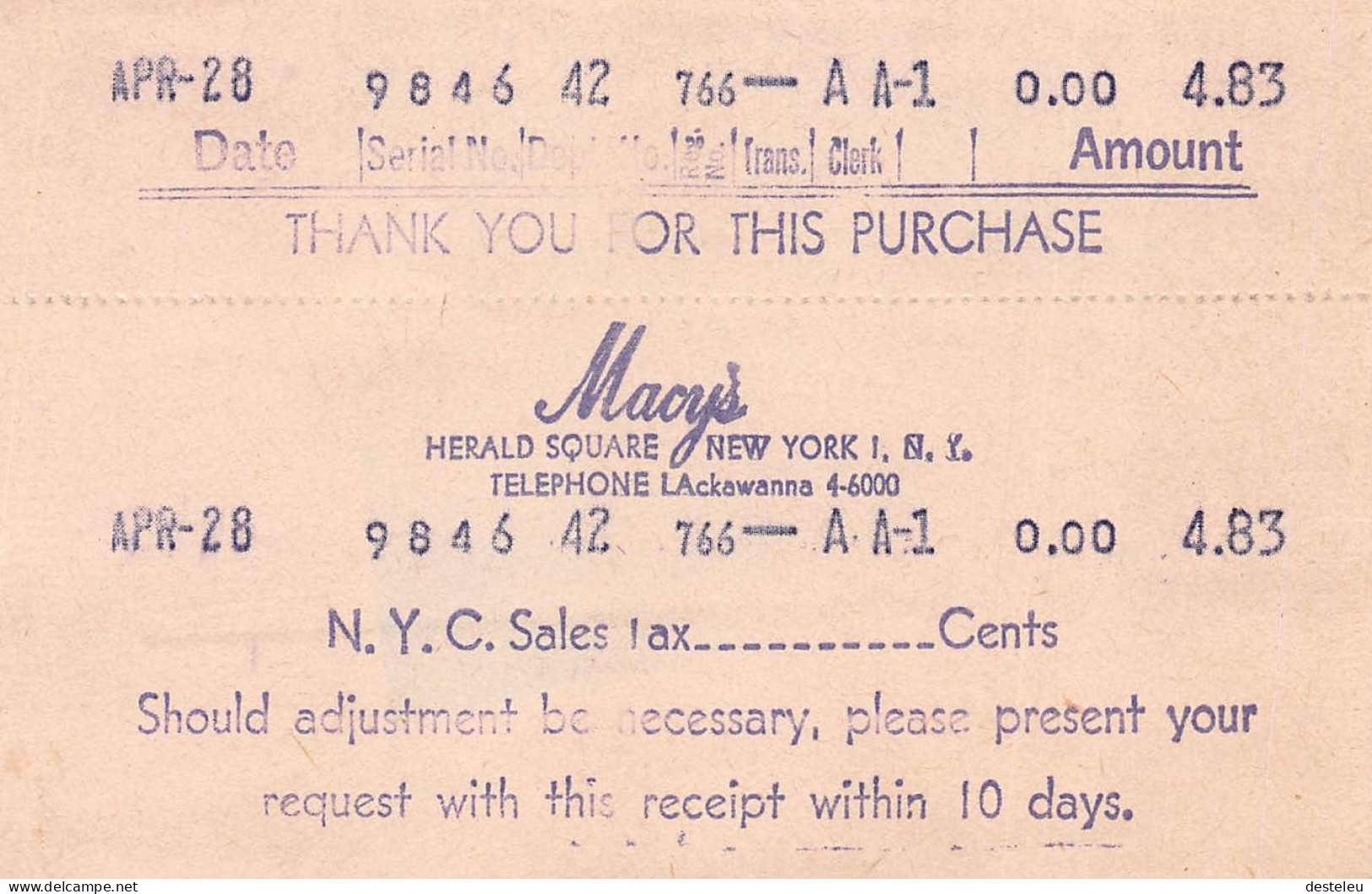 Macy's Herald Square Receipt - 1960  New-York - Stati Uniti