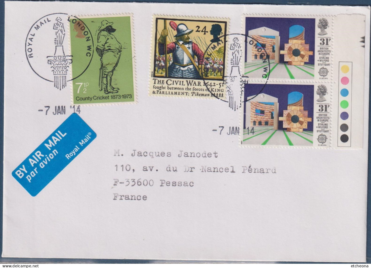 Grande Bretagne Enveloppe 4 Timbres Royal Mail Londres 7 Jan 14 Vers Pessac (33 - France) - Cartas & Documentos