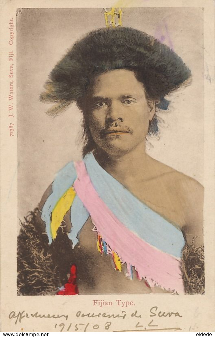 Fijian Type Hand Colored  Semi Nude Native  J.W. Waters Suva  Undivided Back  Used 19908 Stamp Removed - Fidschi