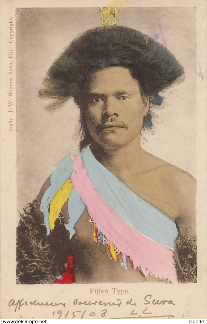 Fijian Type Hand Colored  Semi Nude Native  J.W. Waters Suva  Undivided Back  Used 19908 Stamp Removed - Fidji