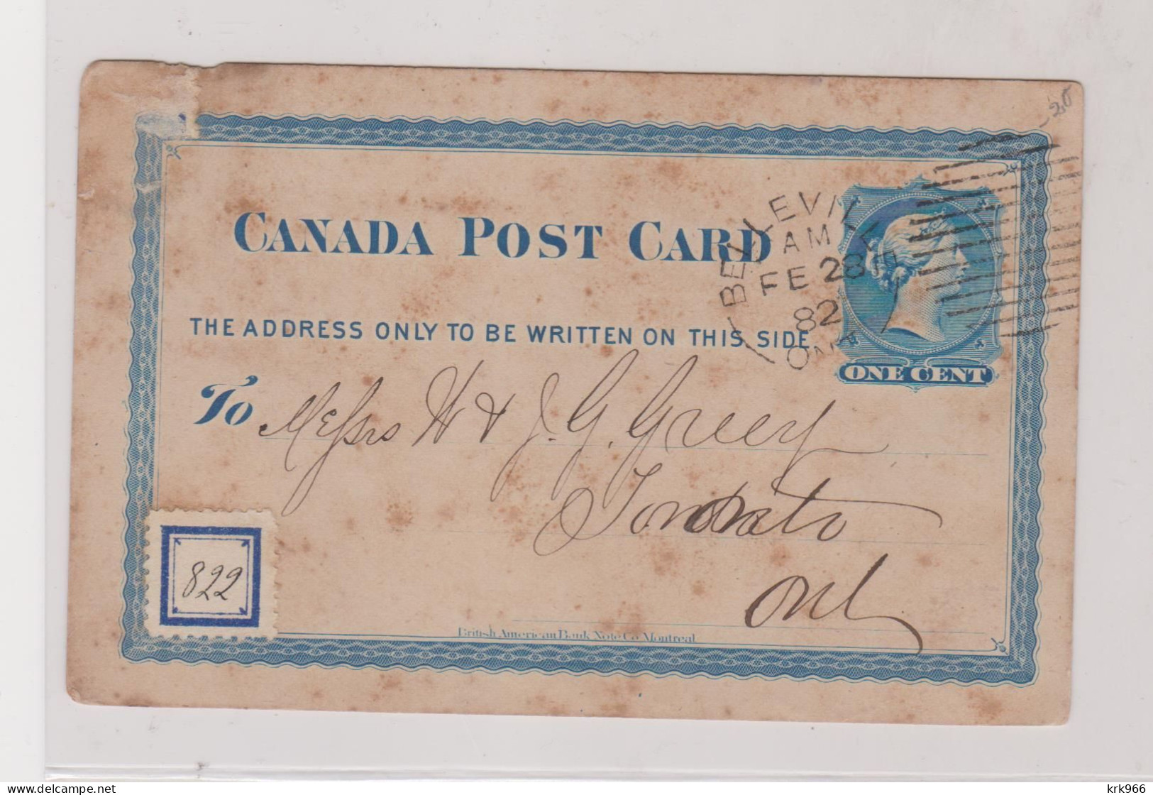 CANADA 1882 BELLEVILLE Nice Postal Stationery - 1860-1899 Règne De Victoria