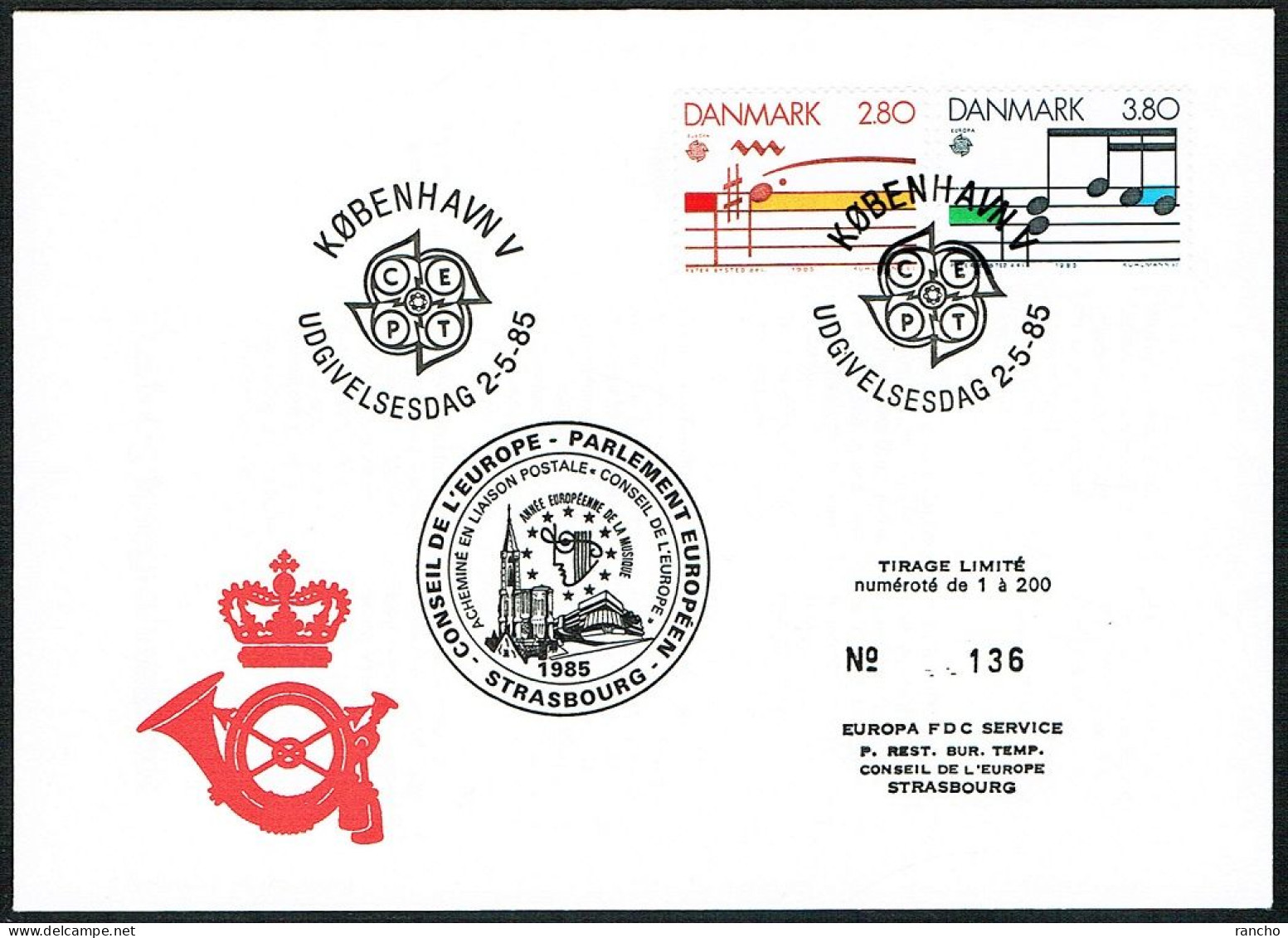 EUROPA FDC SERVICE . TIRAGE LIMITE Nr:136. DU CONSEIL DE L'EUROPE .STRASBOURG. COPENHAGUE .2.5.1985. DANMARK. - Cartas & Documentos