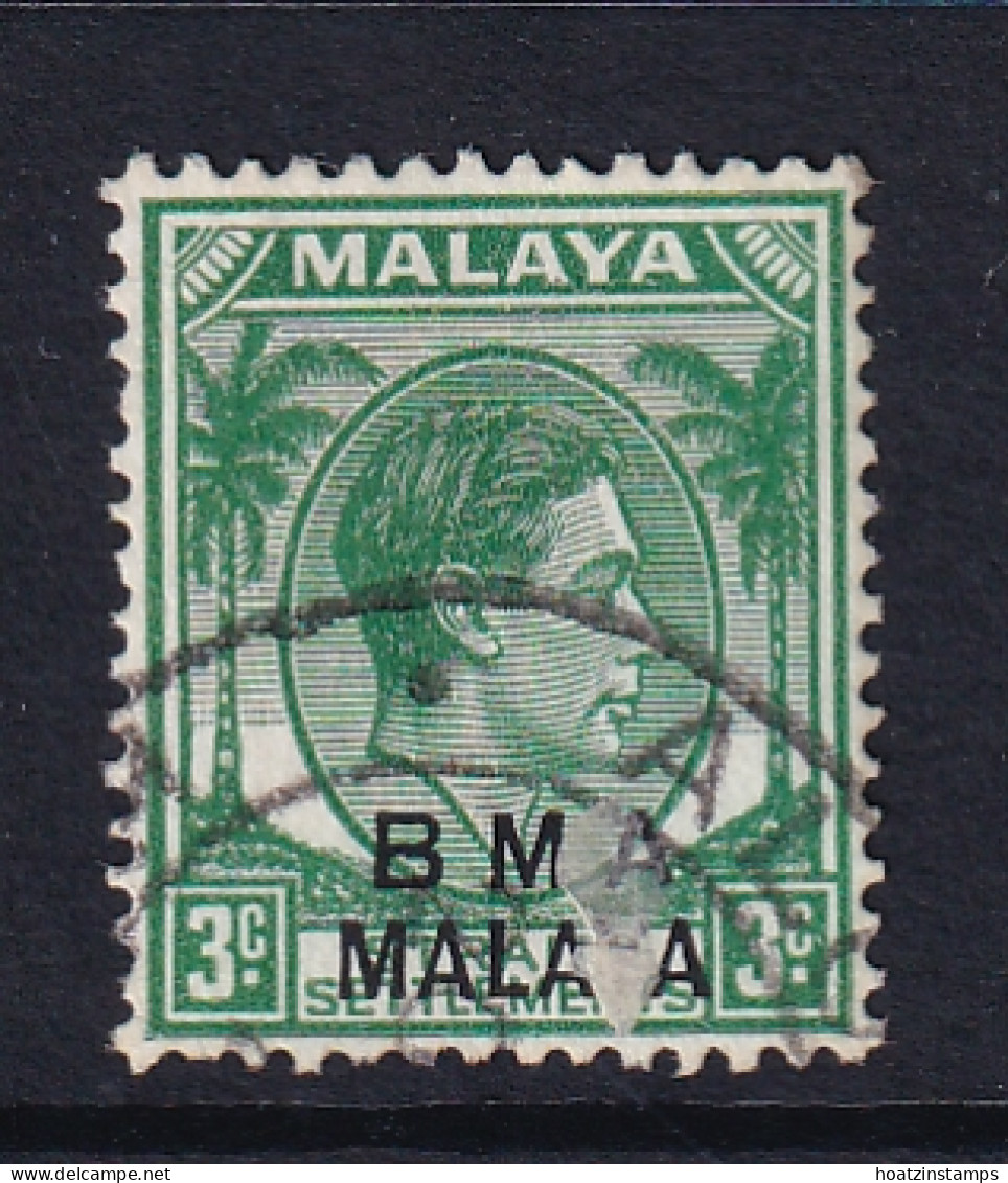 B.M.A. (Malaya): 1945/48   KGVI 'B.M.A.' OVPT   SG4    3c  Yellow Green    Used  - Malaya (British Military Administration)