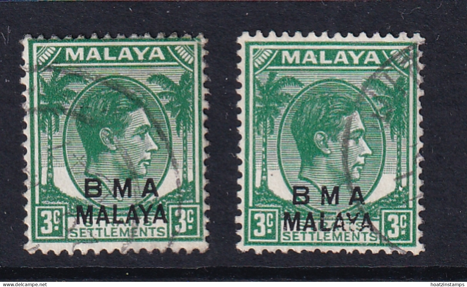 B.M.A. (Malaya): 1945/48   KGVI 'B.M.A.' OVPT   SG4a/4b    3c  Blue-green   [Ordinary And Chalk]    Used - Malaya (British Military Administration)
