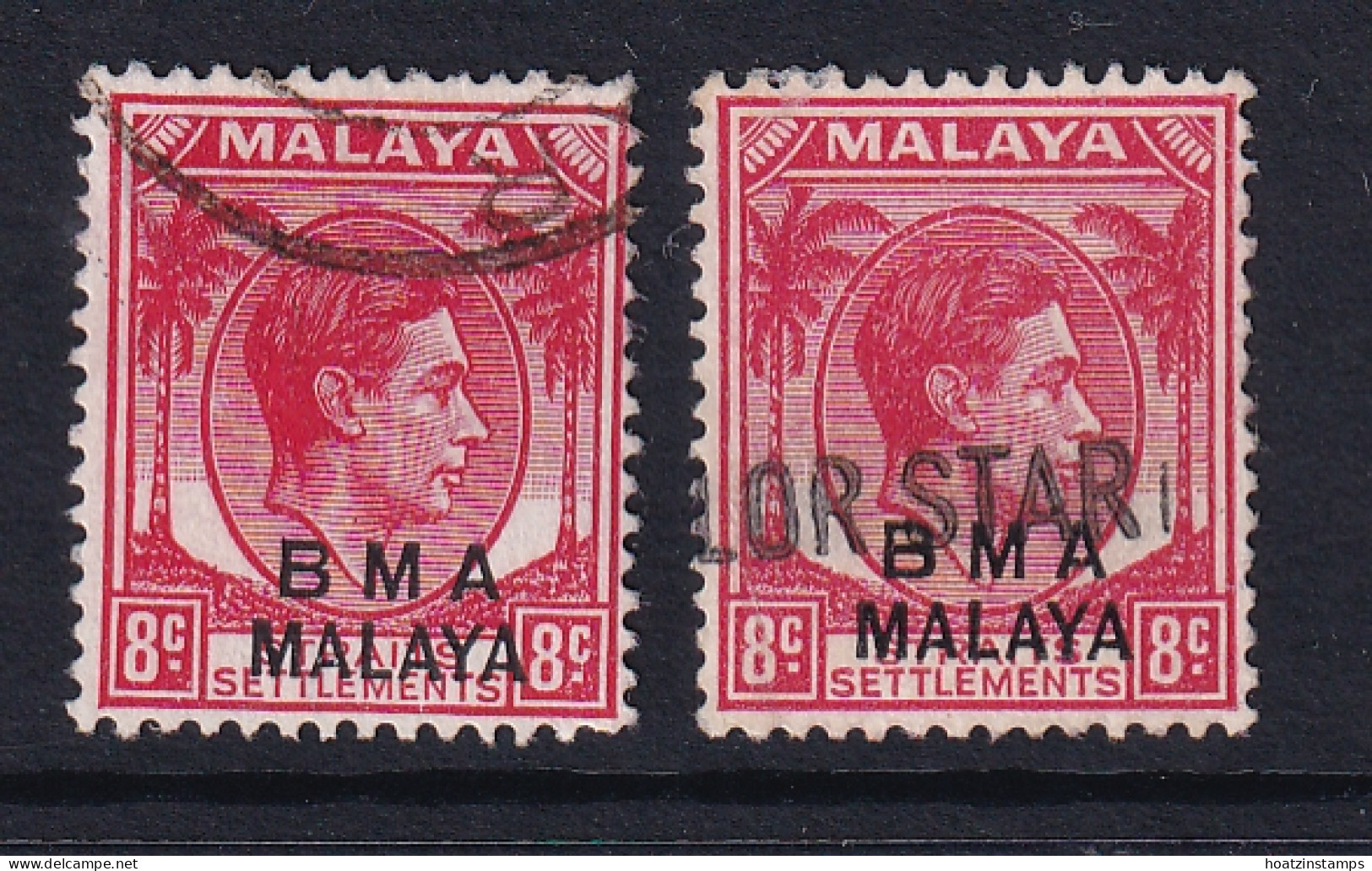 B.M.A. (Malaya): 1945/48   KGVI 'B.M.A.' OVPT   SG7    8c    Used (x2) - Malaya (British Military Administration)