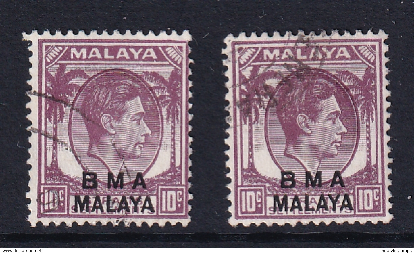 B.M.A. (Malaya): 1945/48   KGVI 'B.M.A.' OVPT   SG8 / 8a    10c  Purple   [Ordinary And Chalk]  Used  - Malaya (British Military Administration)