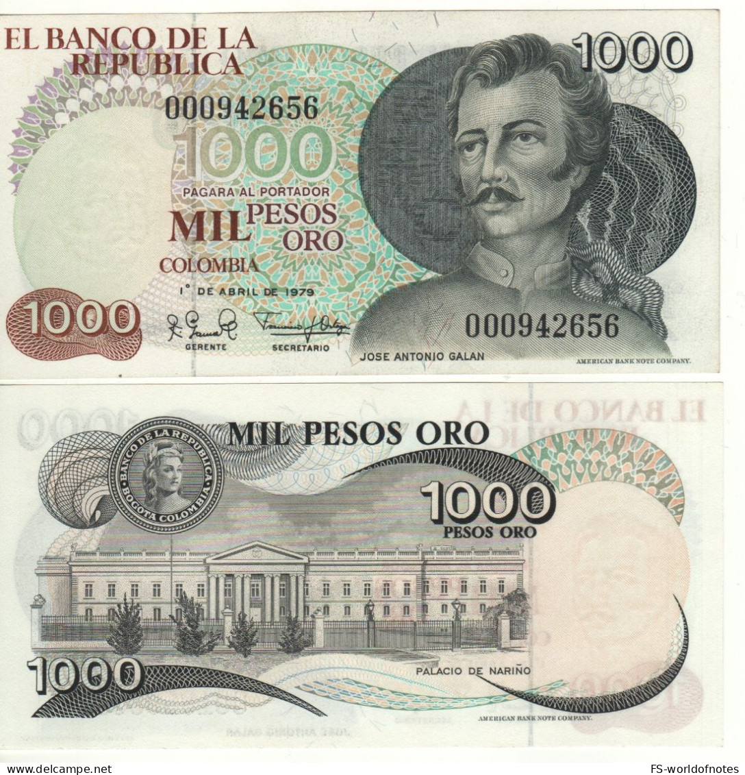 COLOMBIA  1'000 Pesos  Oro  P421   (1.4.1979)   " José Antonio Galan + Nariño Palace  At Back "    UNC - Colombie