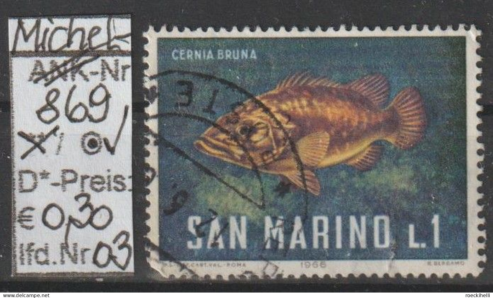 1966 - SAN MARINO - SM "Meeresfauna - Wrackbarsch" 1 L Mehrf. - O  Gestempelt  - S.Scan (869o 01-03 S.marino) - Gebraucht