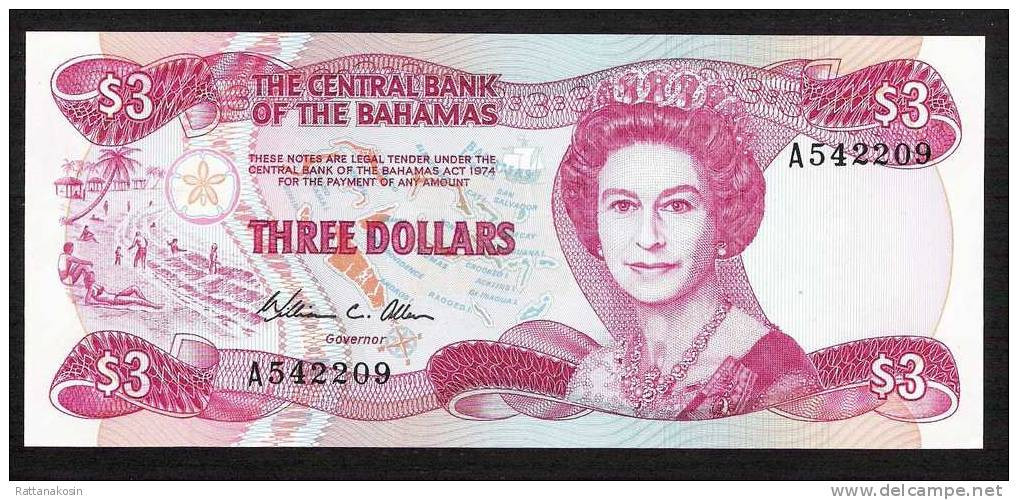 BAHAMAS  P44  3  DOLLARS #A  Dated 1974 (issued 1984)     UNC. - Bahamas