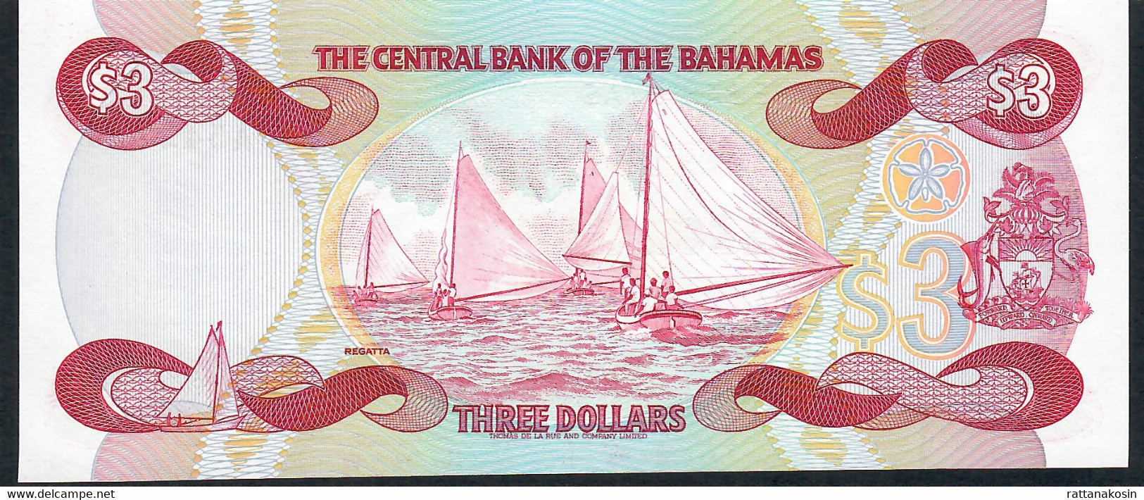 BAHAMAS  P44  3  DOLLARS #A  Dated 1974 (issued 1984)     UNC. - Bahama's
