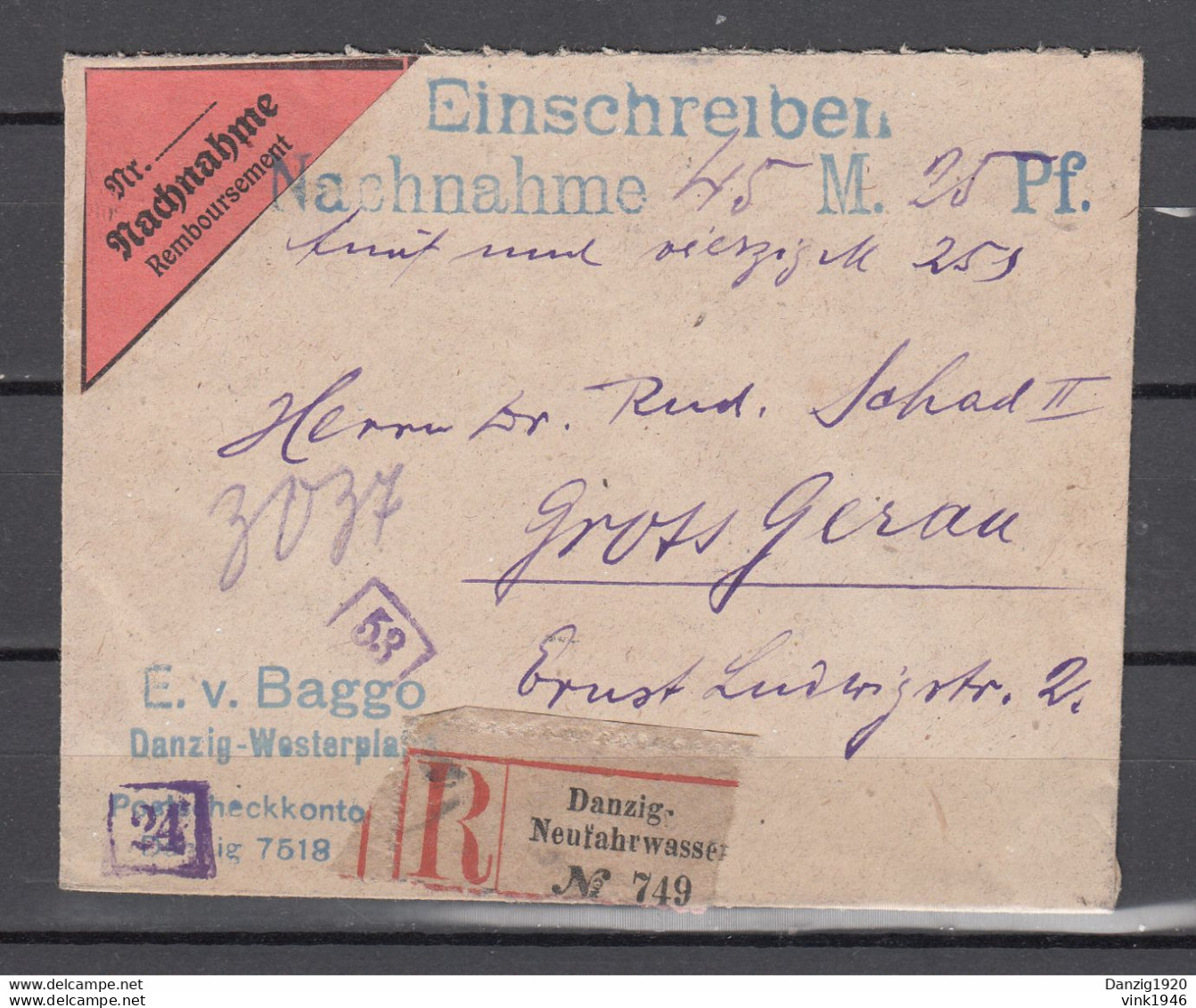 Danzig 1921, Mi 66,67,68,74 Auf Einschreiben Nachnahme Brief Nach Gross Gerau(D3391) - Briefe U. Dokumente