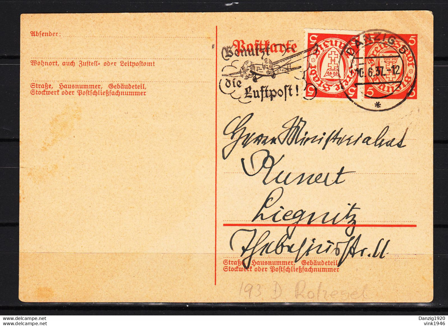 Danzig 1937,Postkarte 5 Pf + 5 Pf Mi 193D Mit Wolff MS 07.5 Gestempelt(D3388) - Entiers Postaux