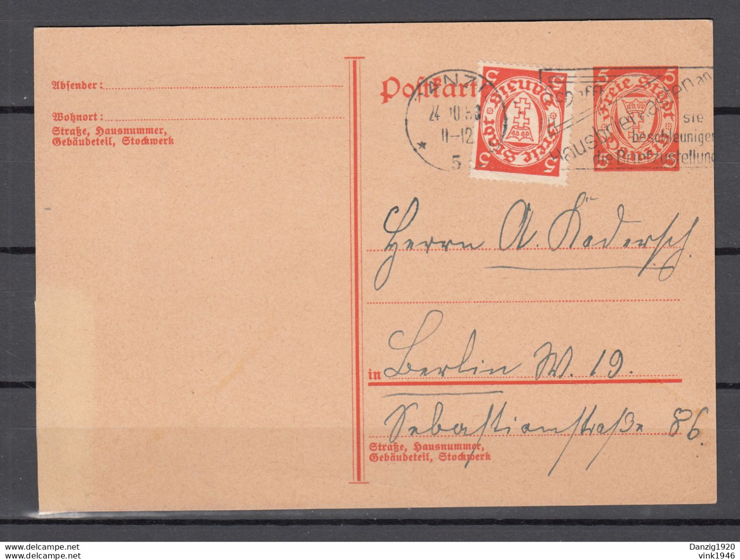 Danzig 1933,Postkarte 5 Pf + 5 Pf Mit Wolff MS 50-2 Gestempelt(D3222) - Postal  Stationery