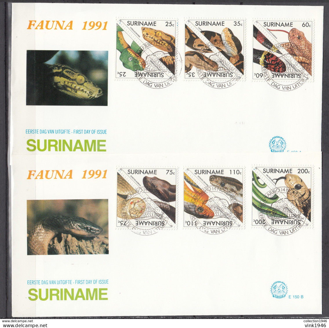 Suriname Surinam 1991,12V On 2 FDC's,snakes,slangen,schlangen,serpent,serpeinte,serpente,(C206) - Serpents