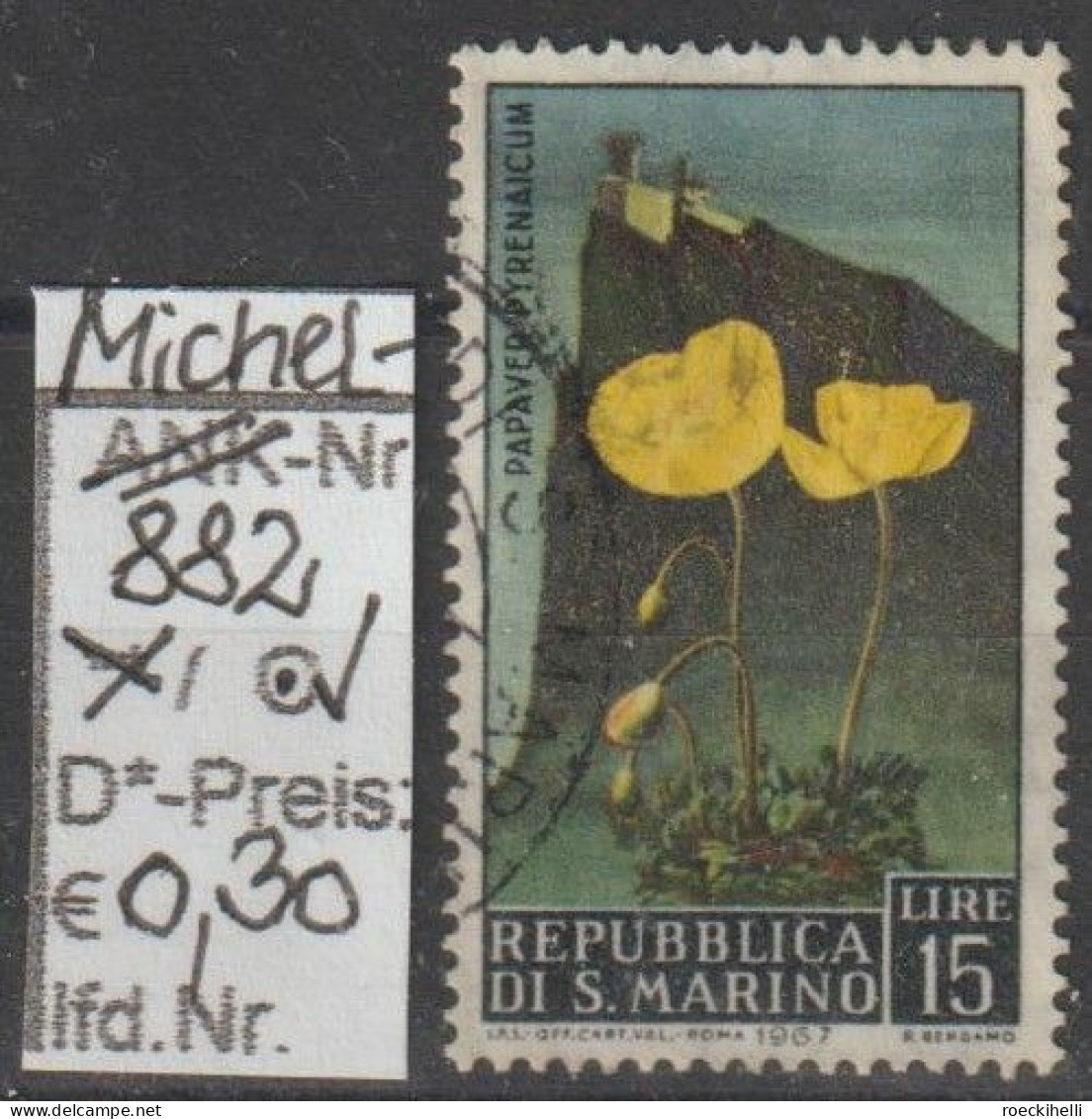 1967 - SAN MARINO - FM/DM "Blumen - Pyrenäen-Mohn" 15 L Mehrf. - O  Gestempelt  - S.Scan (882o S.marino) - Oblitérés