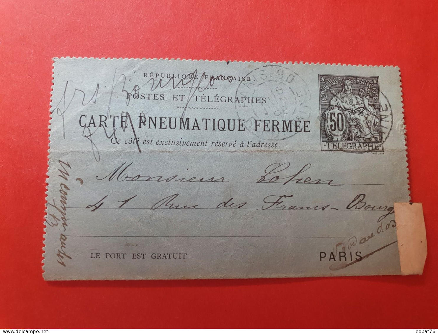 Carte Lettre Pneumatique De Paris Pour Paris En 1898 - Réf J 67 - Pneumatische Post