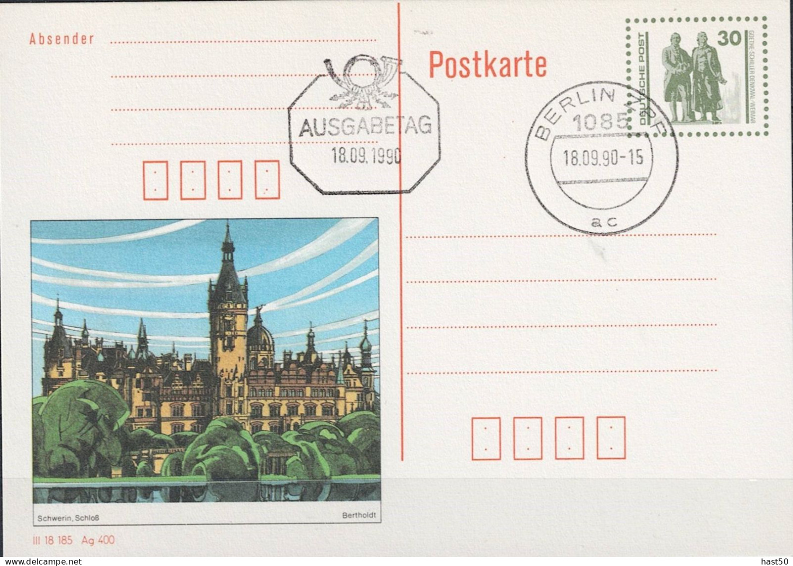 DDR GDR RDA - Bildpostkarte Goethe-Schiller-Denkmal (MiNr: P 109 01/03) 1990 - FDC - Postcards - Used