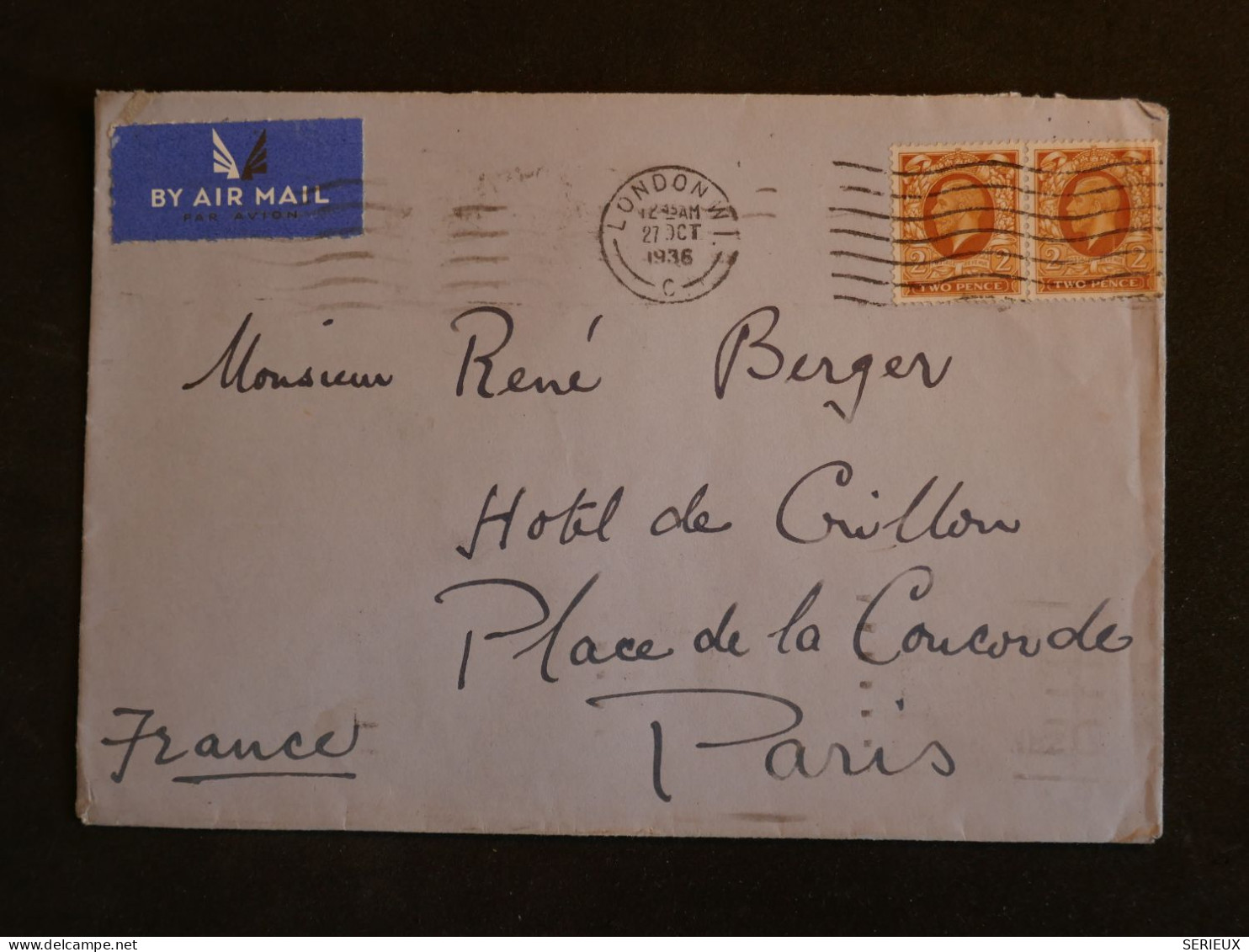 BU4 GREAT BRITAIN BELLE LETTRE RR 1936 AIR MAIL LONDON MAIN FAIR H.+ COLLECTION HOTEL DU CRILLON PARIS +AFF. PLAISANT+ - Storia Postale