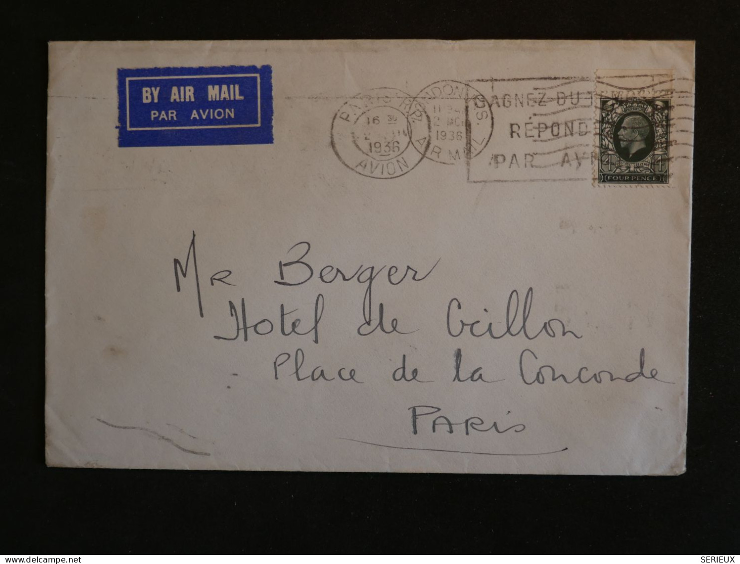 BU4 GREAT BRITAIN BELLE LETTRE RR 1936 AIR MAIL LONDON .+ COLLECTION HOTEL DU CRILLON PARIS +AFF. PLAISANT+ - Cartas & Documentos