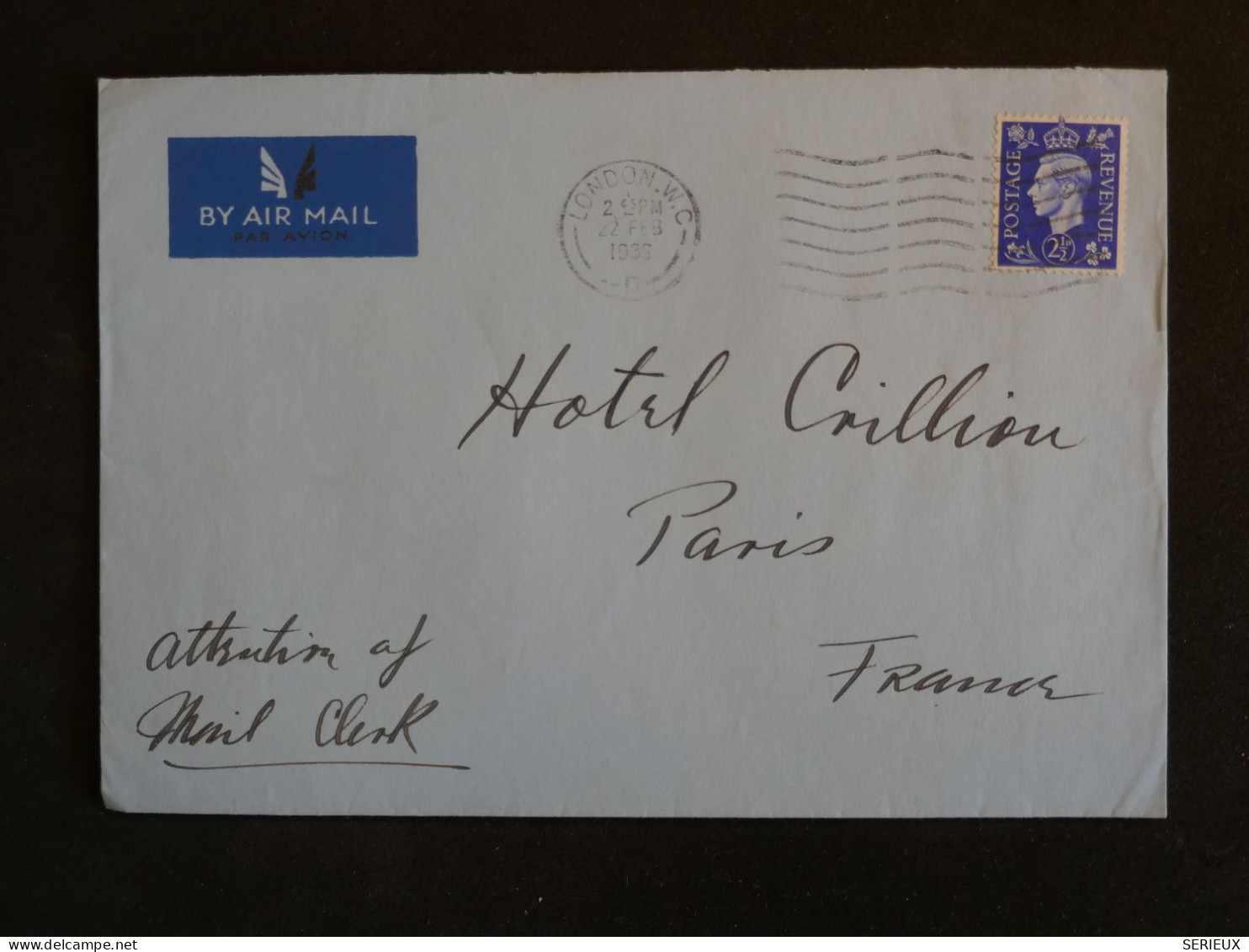 BU4 GREAT BRITAIN BELLE LETTRE RR 1933 AIR MAIL SAVOY HOTEL LONDON + COLLECTION HOTEL DU CRILLON PARIS +AFF. PLAISANT+ - Cartas & Documentos