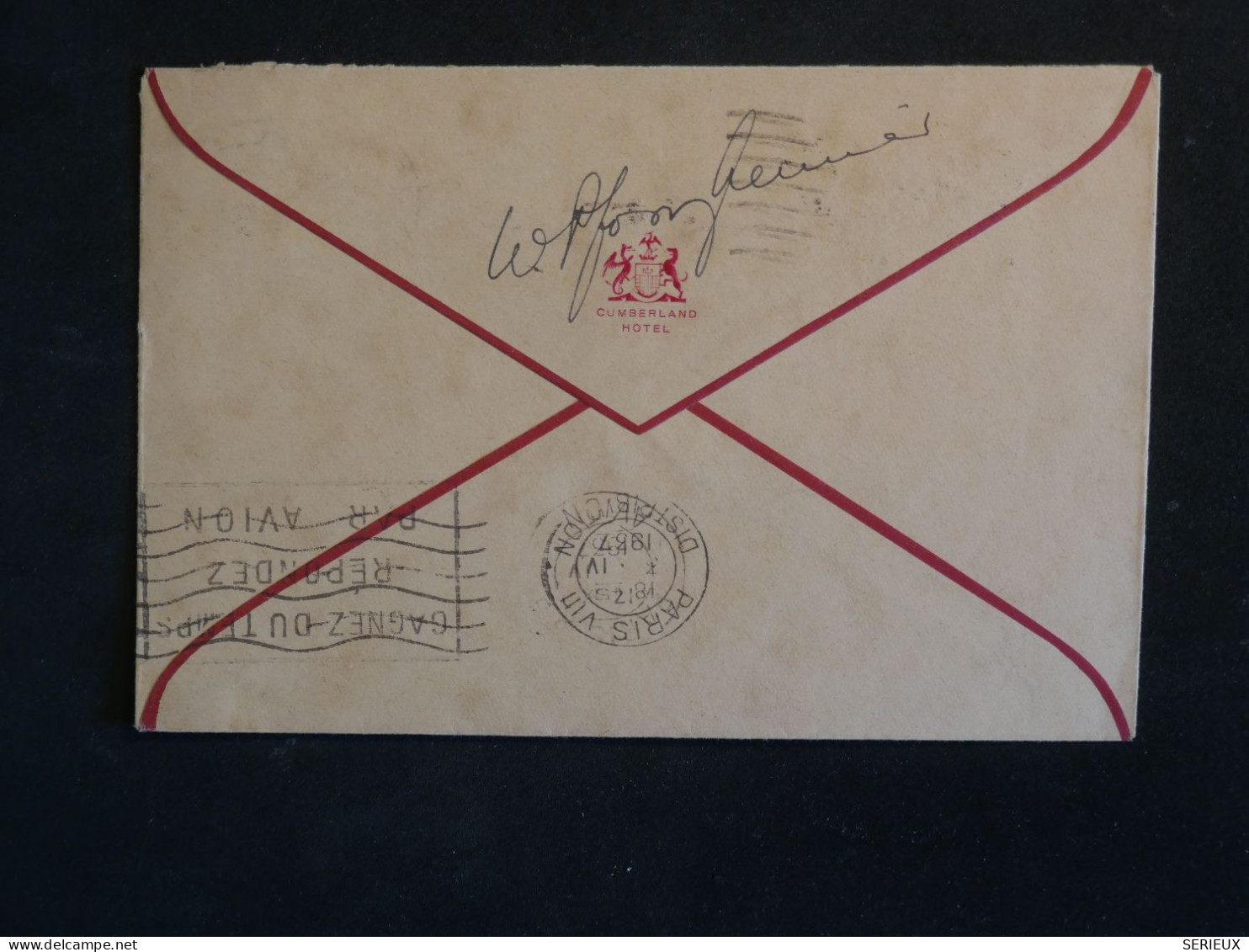BU4 GREAT BRITAIN BELLE LETTRE RR 1937  CUMBERLAND  HOTEL LONDON + COLLECTION HOTEL DU CRILLON PARIS +AFF. PLAISANT+ - Storia Postale
