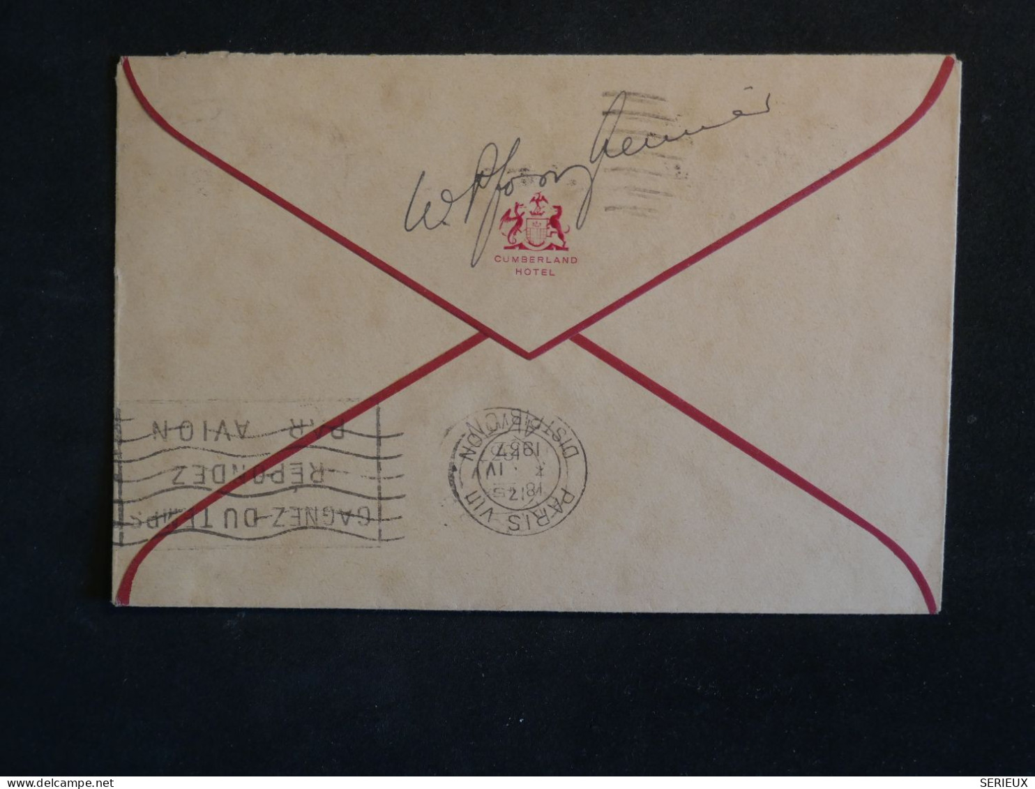 BU4 GREAT BRITAIN BELLE LETTRE RR 1937  CUMBERLAND  HOTEL LONDON + COLLECTION HOTEL DU CRILLON PARIS +AFF. PLAISANT+ - Cartas & Documentos