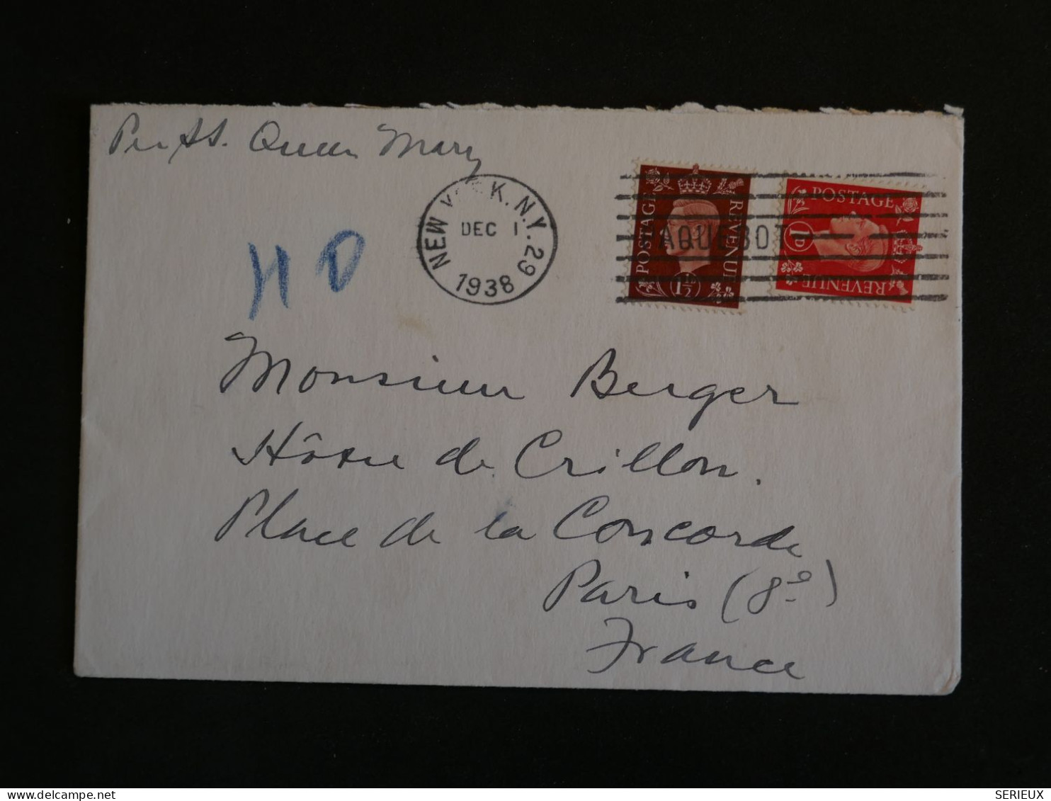 BU4 GREAT BRITAIN BELLE LETTRE RR 1938 PAQUEBOT QUEEN MARY + COLLECTION HOTEL DU CRILLON PARIS +AFF. PLAISANT+ - Brieven En Documenten