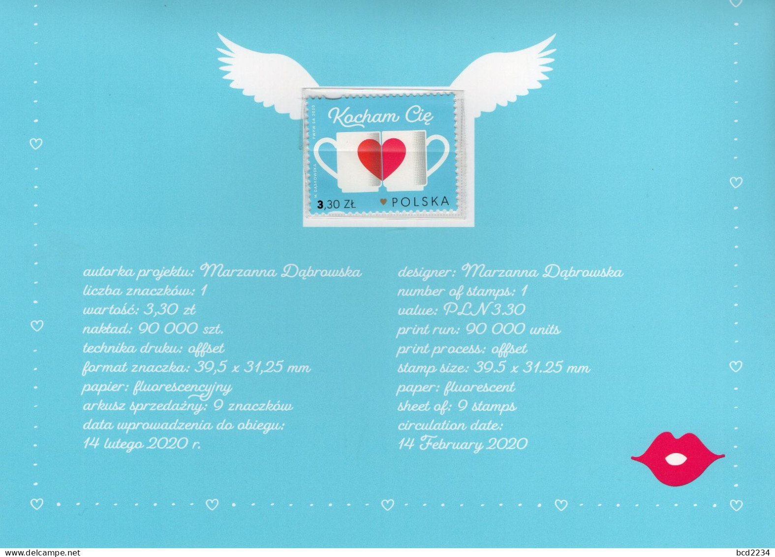 POLAND 2020 POLISH POST OFFICE SPECIAL LIMITED EDITION FOLDER: VALENTINES DAY LOVERS CUPID I LOVE YOU HEARTS KISS SWANS - Swans