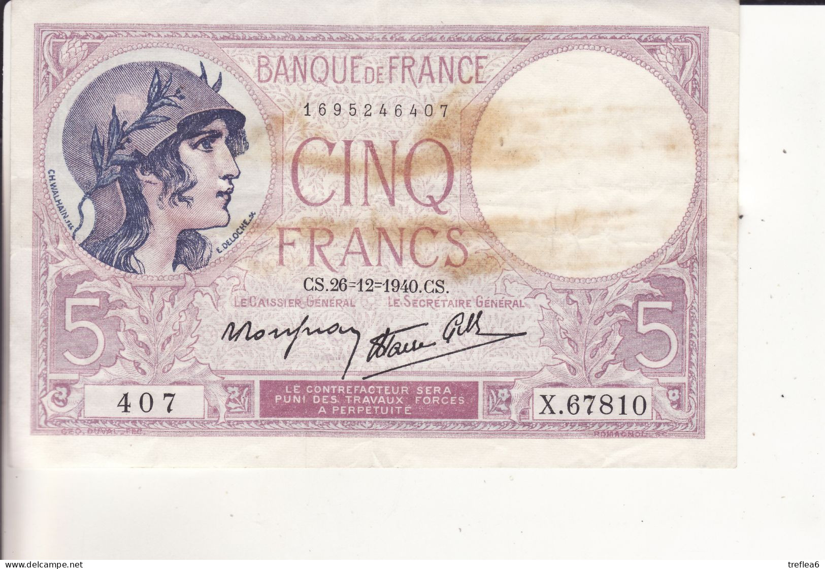 VIOLET - 5 Francs Violet - 407  X.67810 - - 5 F 1917-1940 ''Violet''