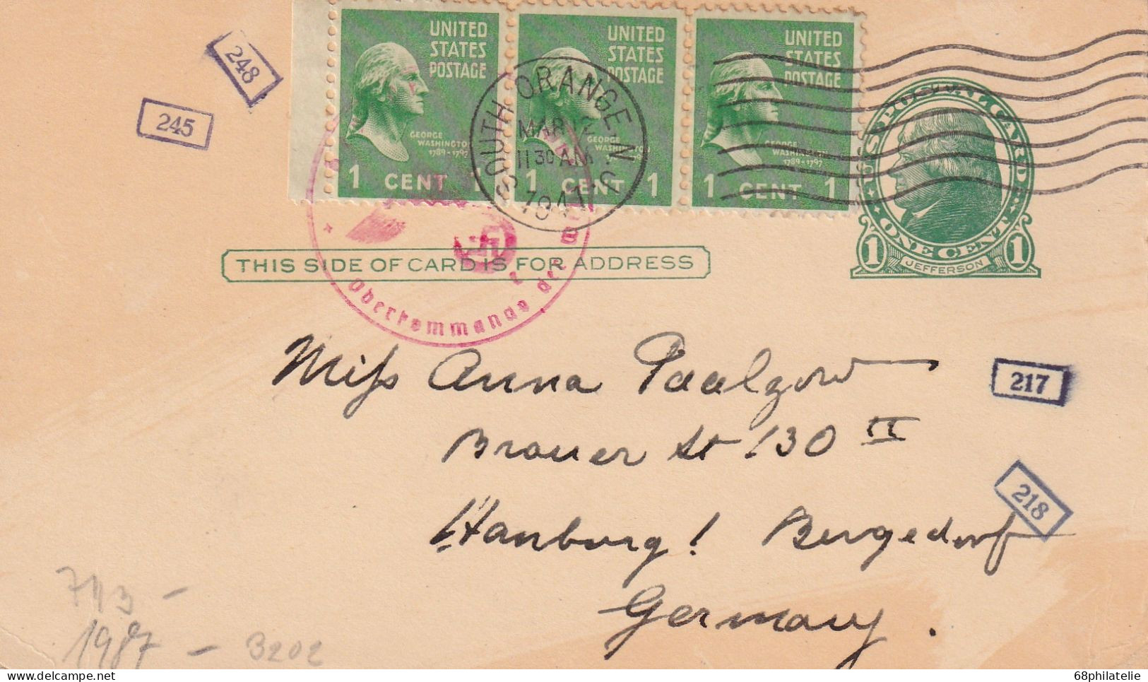 ETATS UNIS ENTIER POSTAL DE SOUTH ORANGE 1941 AVEC CENSURE - 1941-60