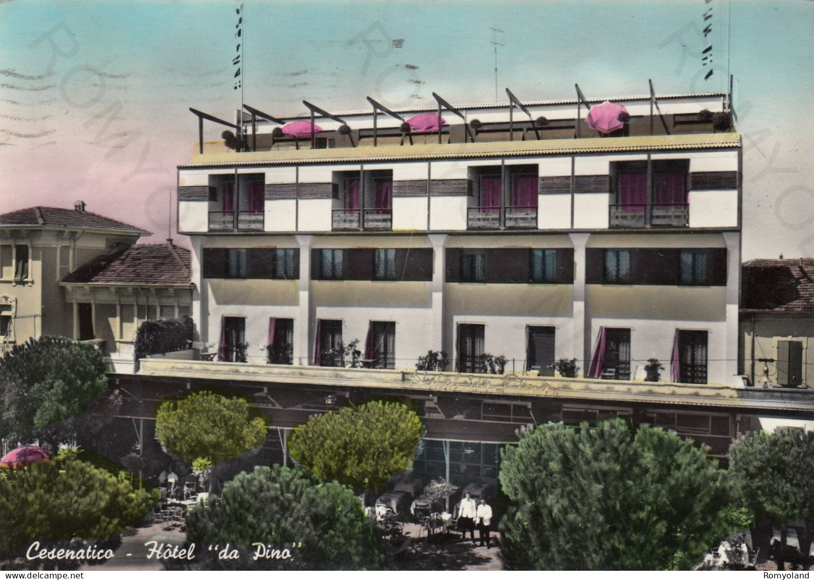 CARTOLINA  CESENATICO,CESENA,EMILIA ROMAGNA-HOTEL "DA PINO"-SPIAGGIA,MARE,VACANZA,BARCHE,BELLA ITALIA,VIAGGIATA 1957 - Cesena