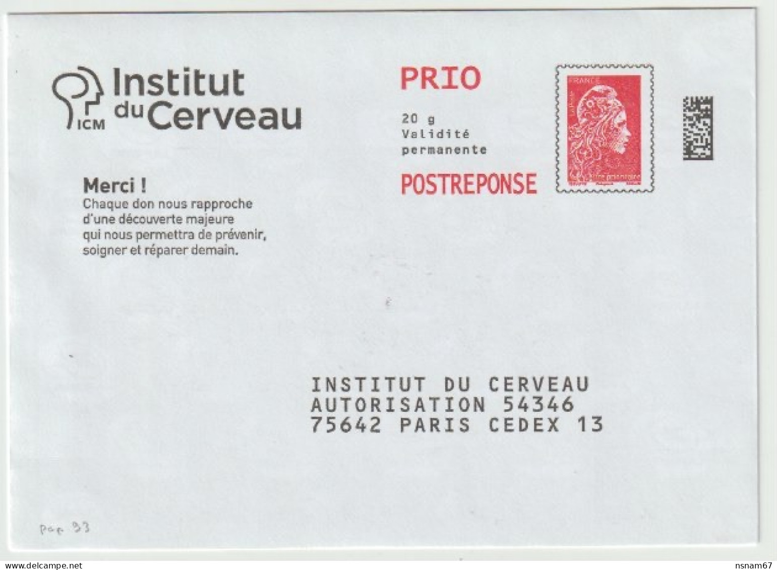 Pap93 - PAP INSTITUT DU CERVEAU - POSTREPONSE N° 310049 - Prêts-à-poster:reply