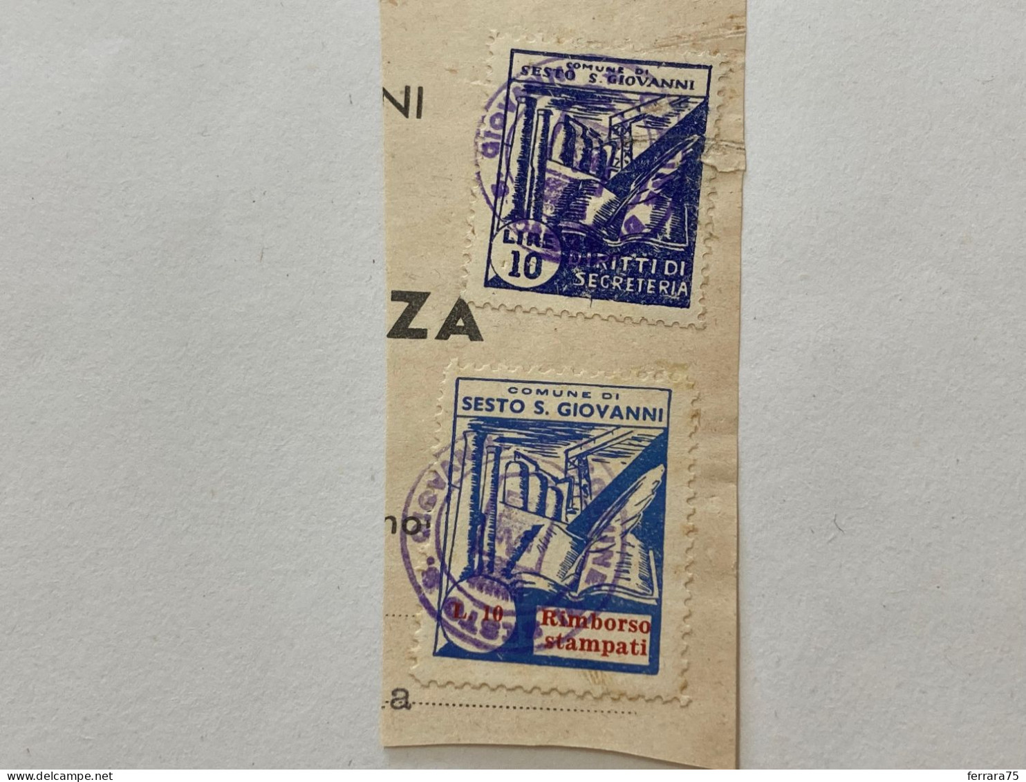 MARCA DA BOLLO SU FRAMMENTO DIRITTI DI SEGRETERIA COMUNE SESTO SAN GIOVANNI.1 - Revenue Stamps