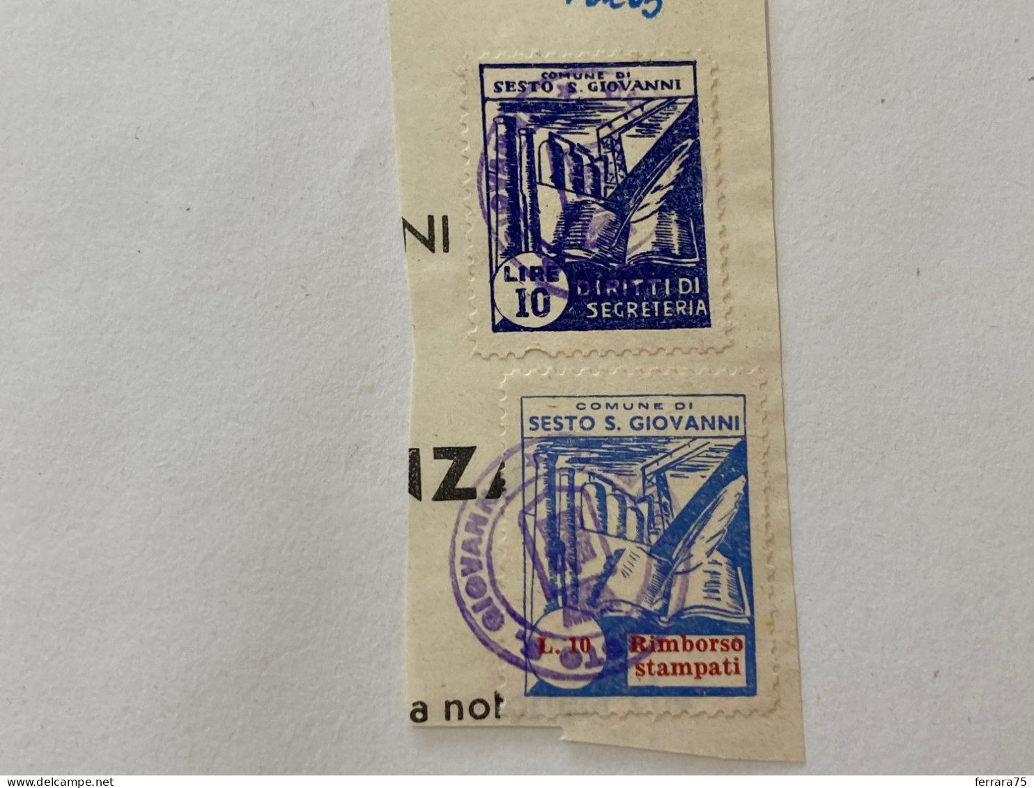 MARCA DA BOLLO SU FRAMMENTO DIRITTI DI SEGRETERIA COMUNE DI SESTO SAN GIOVANNI.1 - Revenue Stamps