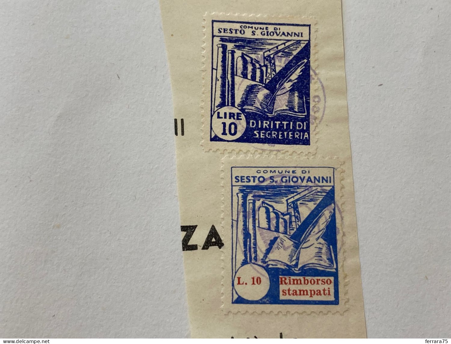 MARCA DA BOLLO SU FRAMMENTO DIRITTI DI SEGRETERIA COMUNE DI SESTO SAN GIOVANNI.1 - Revenue Stamps