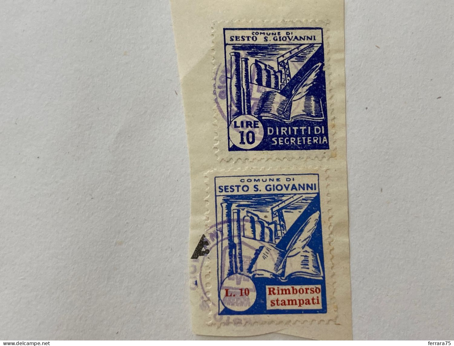 MARCA DA BOLLO SU FRAMMENTO DIRITTI DI SEGRETERIA COMUNE DI SESTO SAN GIOVANNI.1 - Revenue Stamps