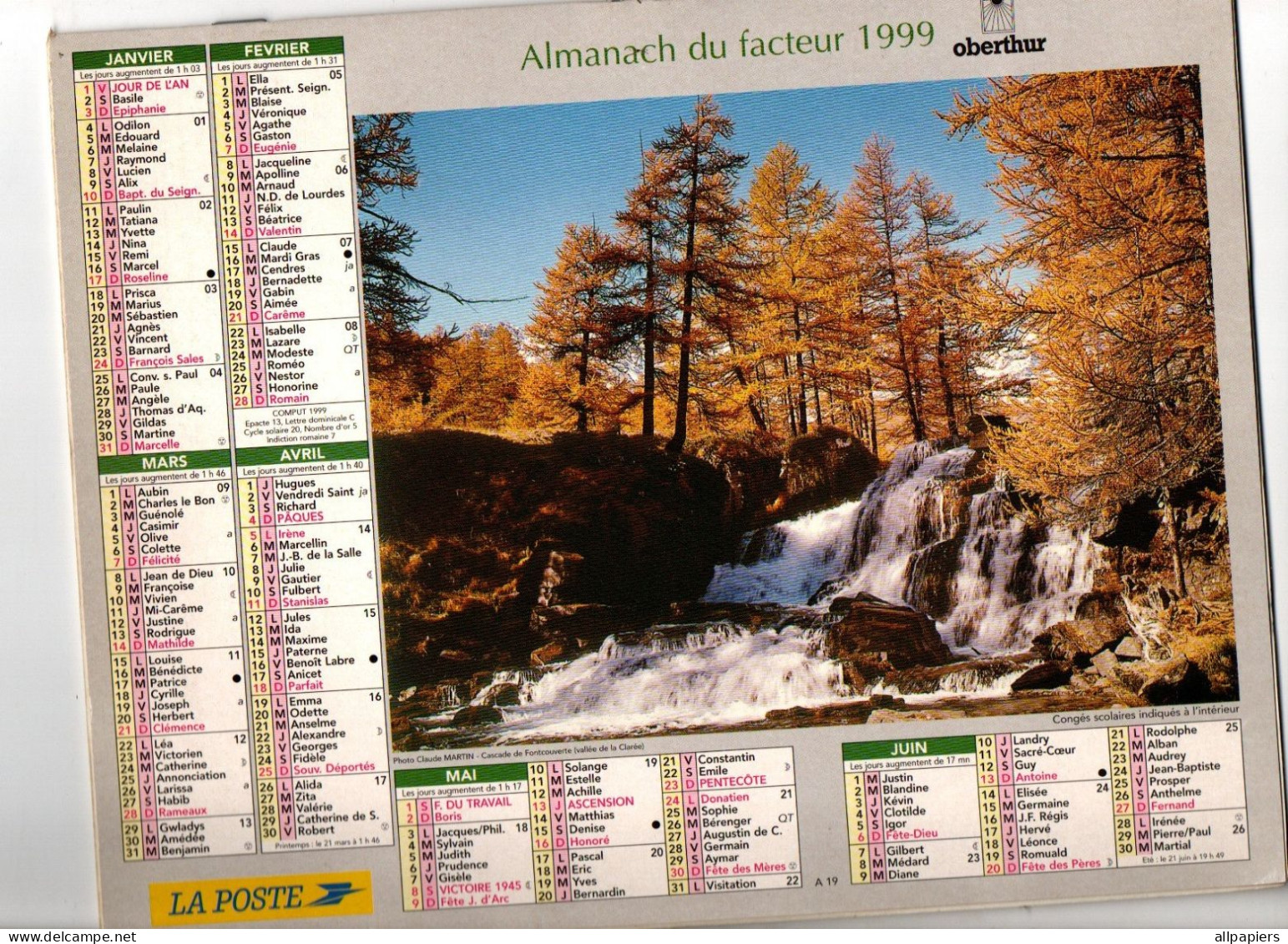 Almanach Des P.T.T. 1999 Moulin Et Cascade De Fontcouverte - Complet Région Nord - Big : 1991-00