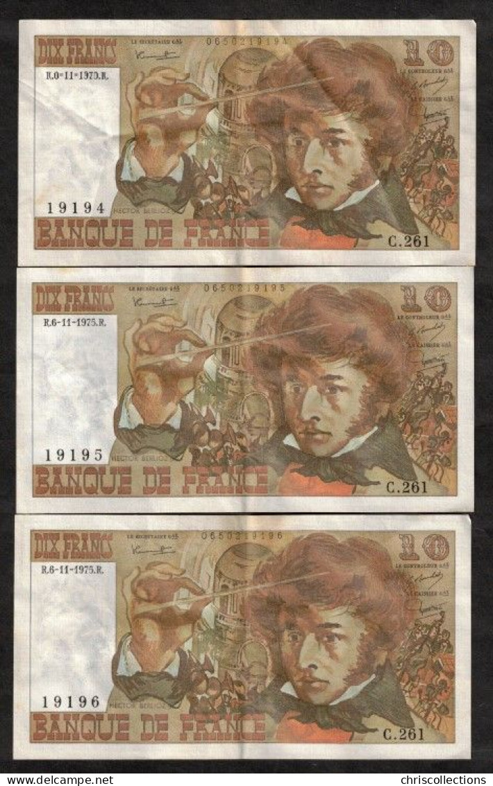 FRANCE - Lot De 3 Billets 10 Francs BERLIOZ - 6/11/1975 - N° Qui Se Suivent : 19194,19195,19196 - F :63/14 - SUP Sale - 10 F 1972-1978 ''Berlioz''