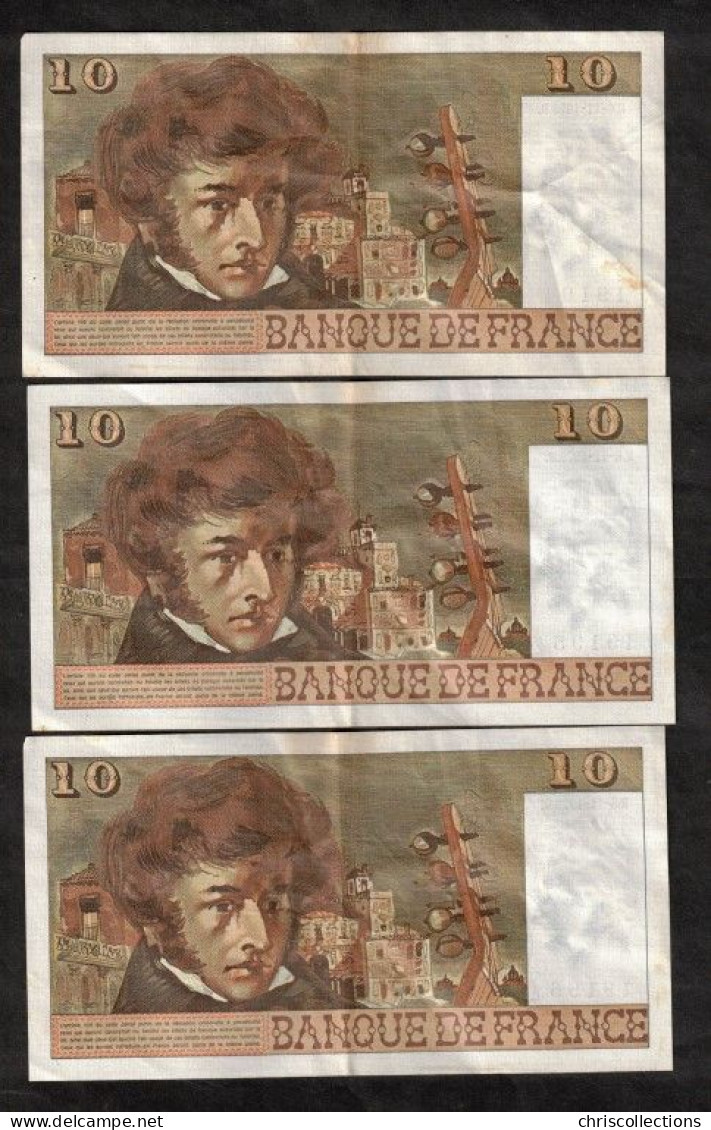 FRANCE - Lot De 3 Billets 10 Francs BERLIOZ - 6/11/1975 - N° Qui Se Suivent : 19194,19195,19196 - F :63/14 - SUP Sale - 10 F 1972-1978 ''Berlioz''