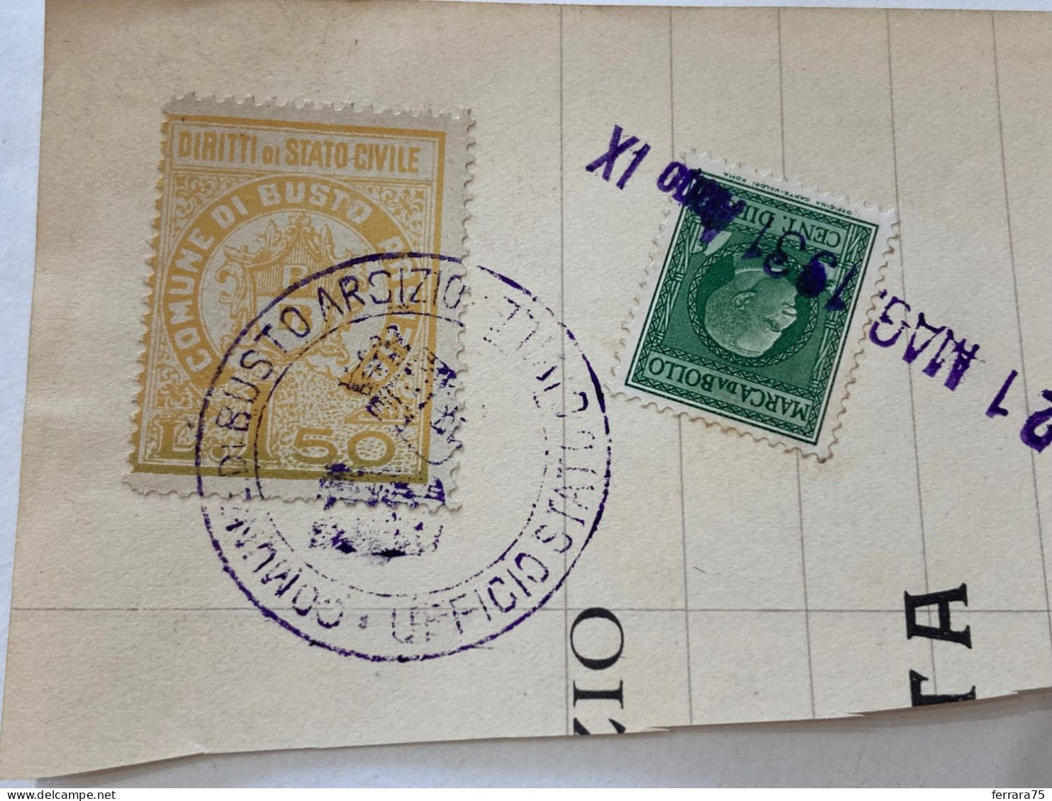 MARCA DA BOLLO SU FRAMMENTO DIRITTI DI STATO CIVILE COMUNE DI BUSTO ARSIZIO.1 - Revenue Stamps