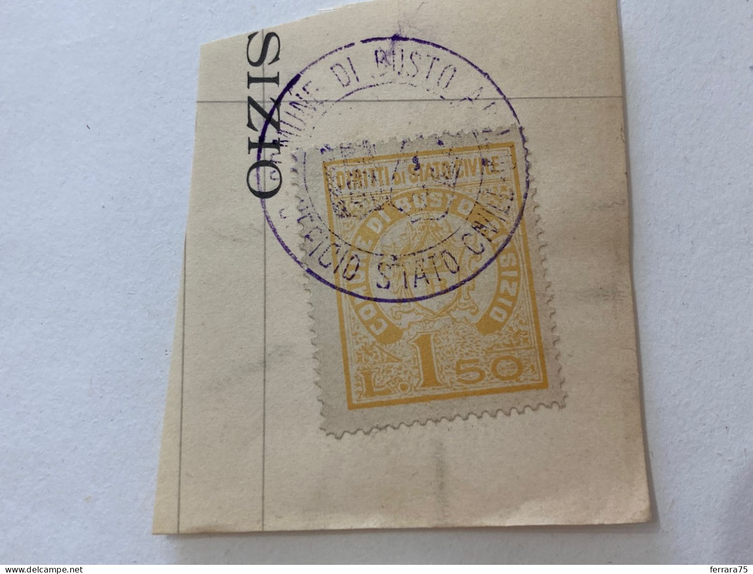 MARCA DA BOLLO SU FRAMMENTO DIRITTI DI STATO CIVILE COMUNE DI BUSTO ARSIZIO.1 - Revenue Stamps