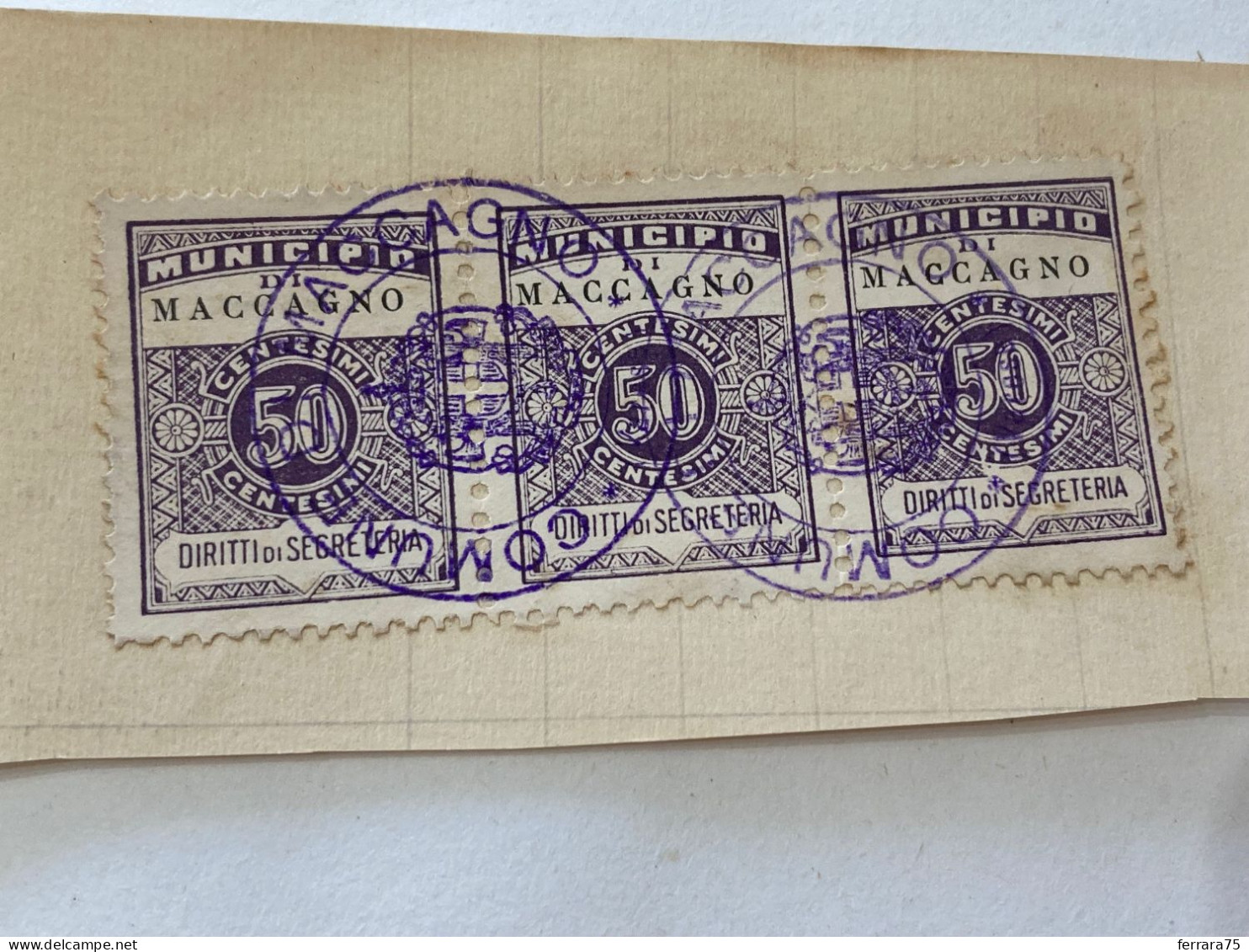 MARCA DA BOLLO SU FRAMMENTO DIRITTI DI SEGRETERIA MUNICIPIO DI MACCAGNO.6 - Revenue Stamps