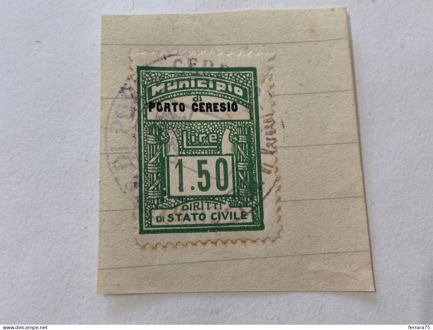 MARCA DA BOLLO SU FRAMMENTO DIRITTI DI STATO CIVILE MUNICIPIO PORTO CERESIO.7 - Revenue Stamps