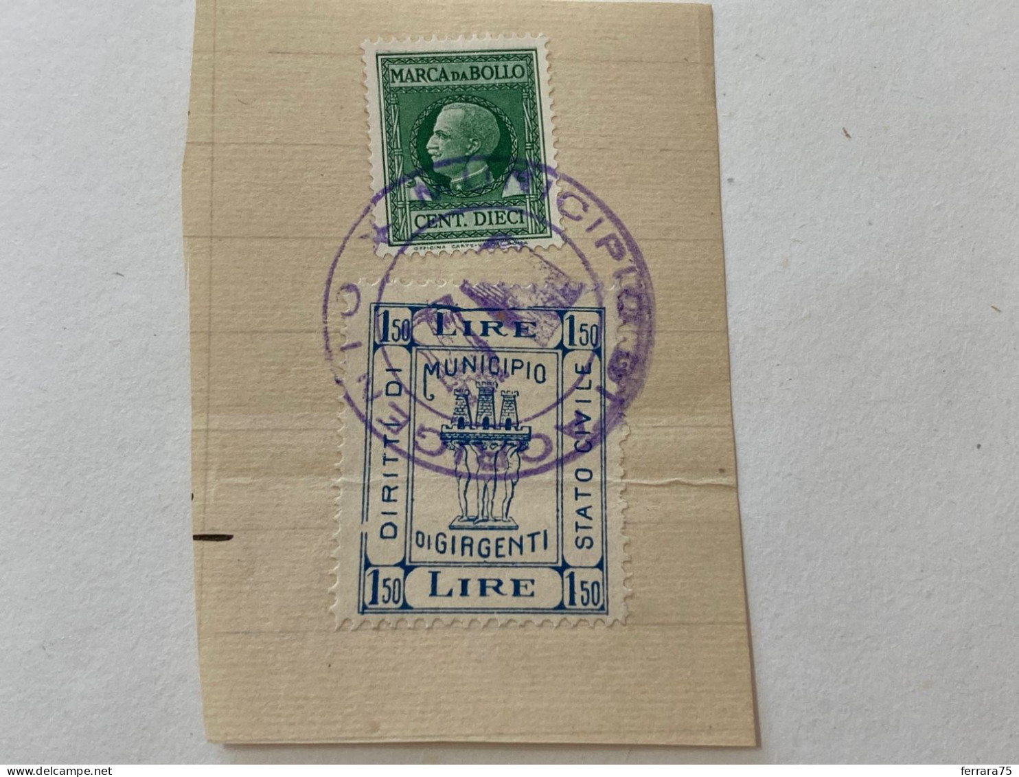 MARCA DA BOLLO SU FRAMMENTO DIRITTI DI STATO CIVILE MUNICIPIO DI GIAGENTI.9 - Revenue Stamps