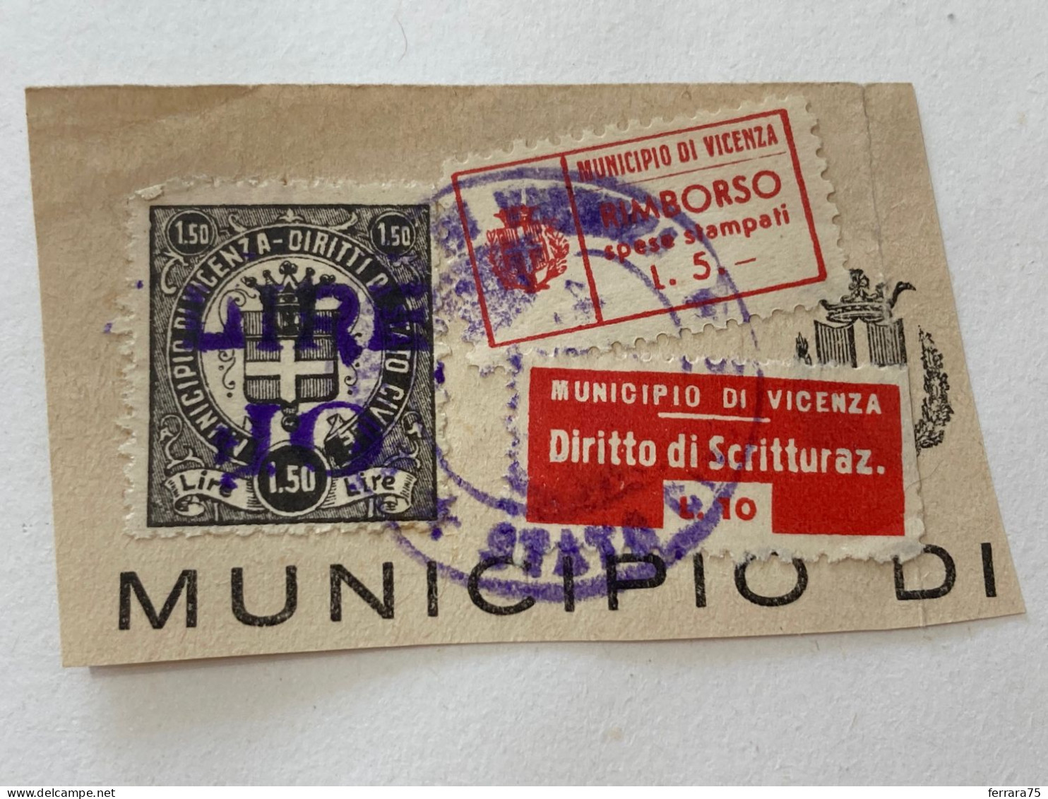 MARCA DA BOLLO SU FRAMMENTO DIRITTI DI STATO CIVILE MUNICIPIO DI VICENZA.12 - Revenue Stamps