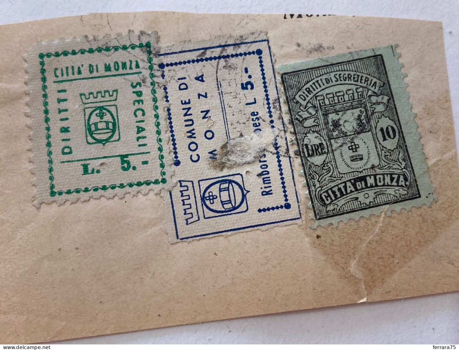 MARCA DA BOLLO SU FRAMMENTO DIRITTI SPECIALI COMUNE DI MONZA.13 - Revenue Stamps