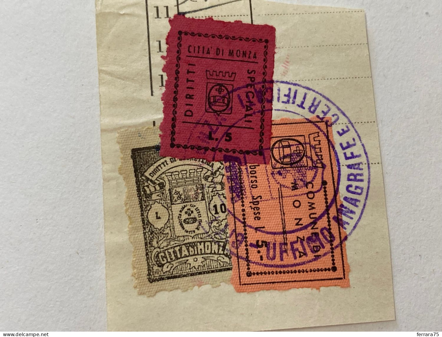 MARCA DA BOLLO SU FRAMMENTO DIRITTI SPECIALI COMUNE DI MONZA.13 - Revenue Stamps