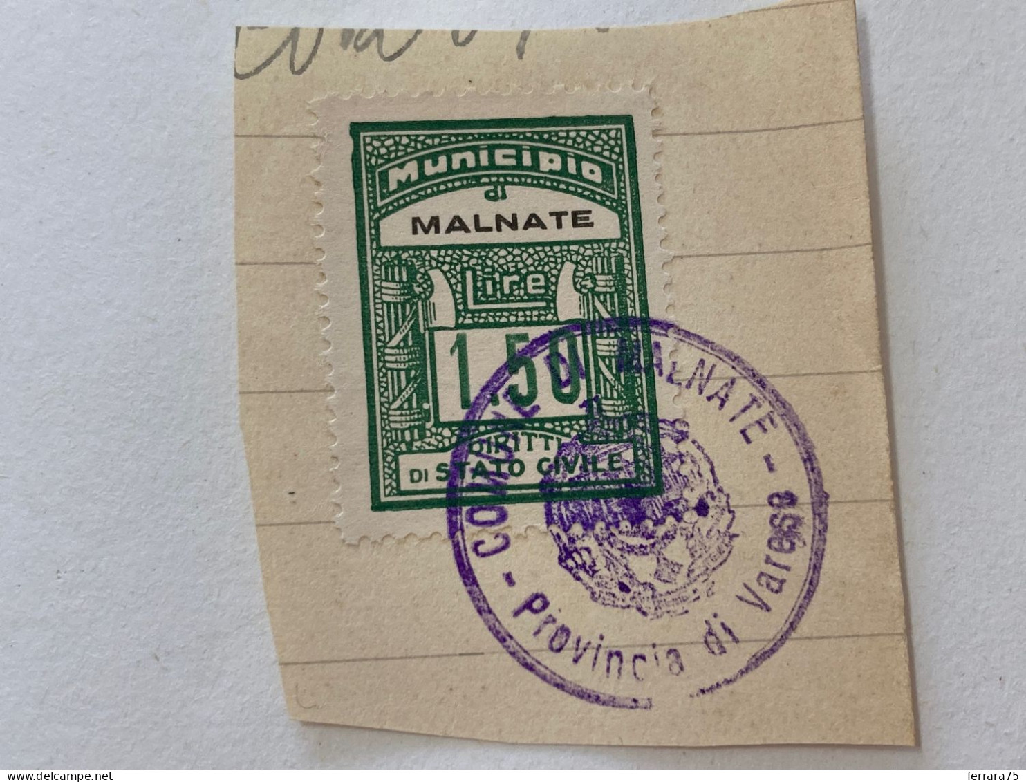 MARCA DA BOLLO SU FRAMMENTO DIRITTI DI STATO CIVILE MUNICIPIO DI MALNATE.15 - Revenue Stamps