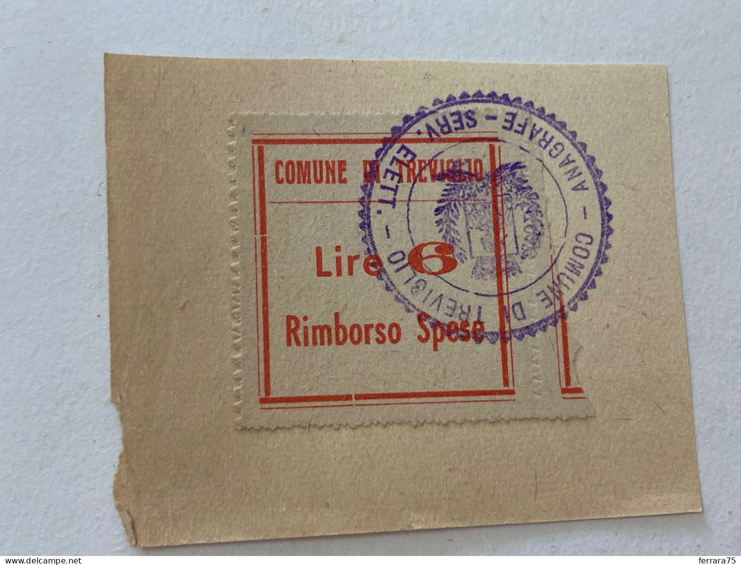 MARCA DA BOLLO SU FRAMMENTO RIMBORSO SPESE COMUNE DI TREVIGLIO.16 - Revenue Stamps